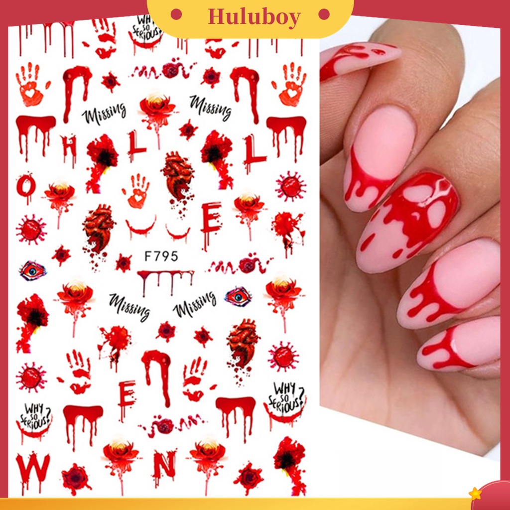 Huluboy Huluboy♡ 2pcs / Set Stiker Kuku Motif Tangan Berdarah Mata Merah Untuk Halloween