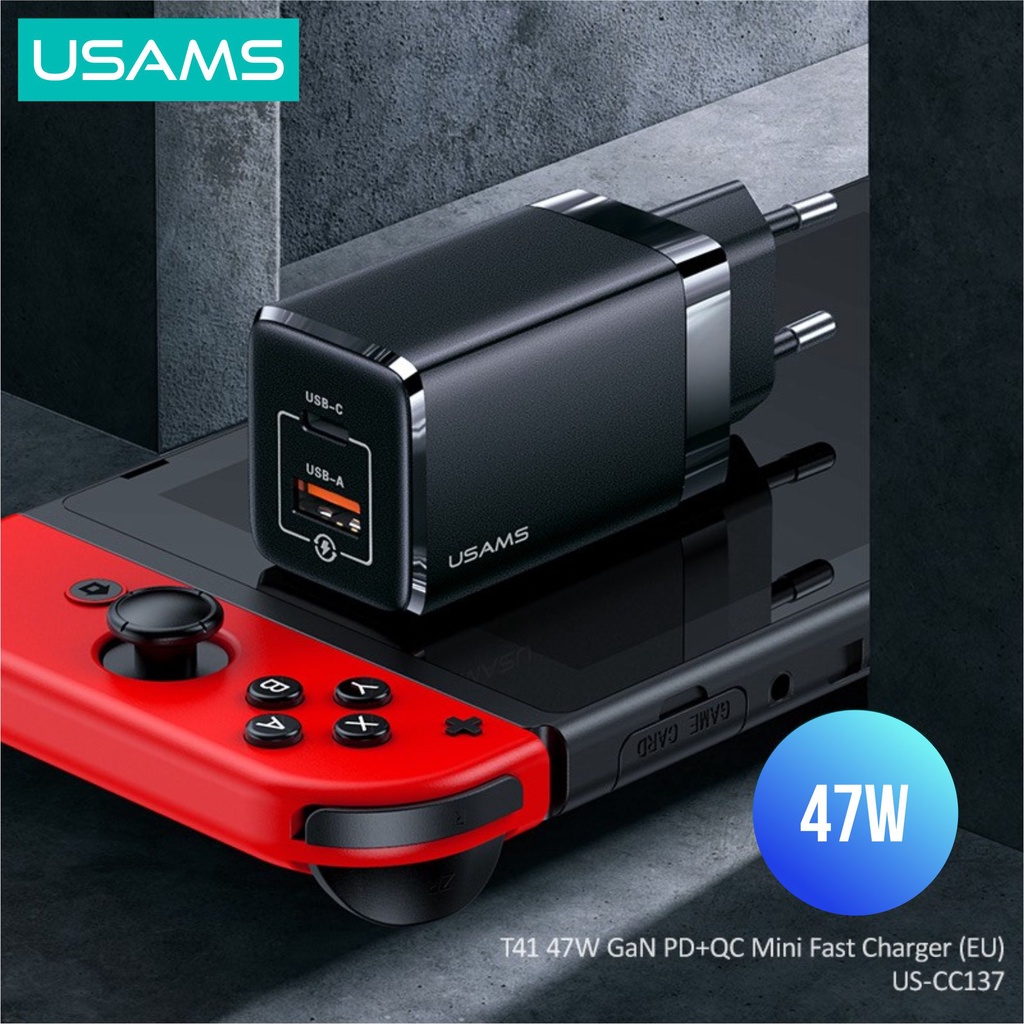 USAMS T41 Adaptor Kepala Charger Mini Fast Charger GaN 47W 5A QC PD AFC SCP VOOC