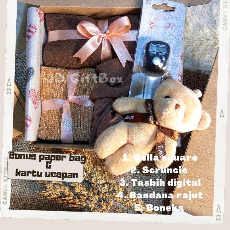 Hampers hijab Bella square/hadiah ulangtahun cewek/GiftBox wanita/paket kado kerudung