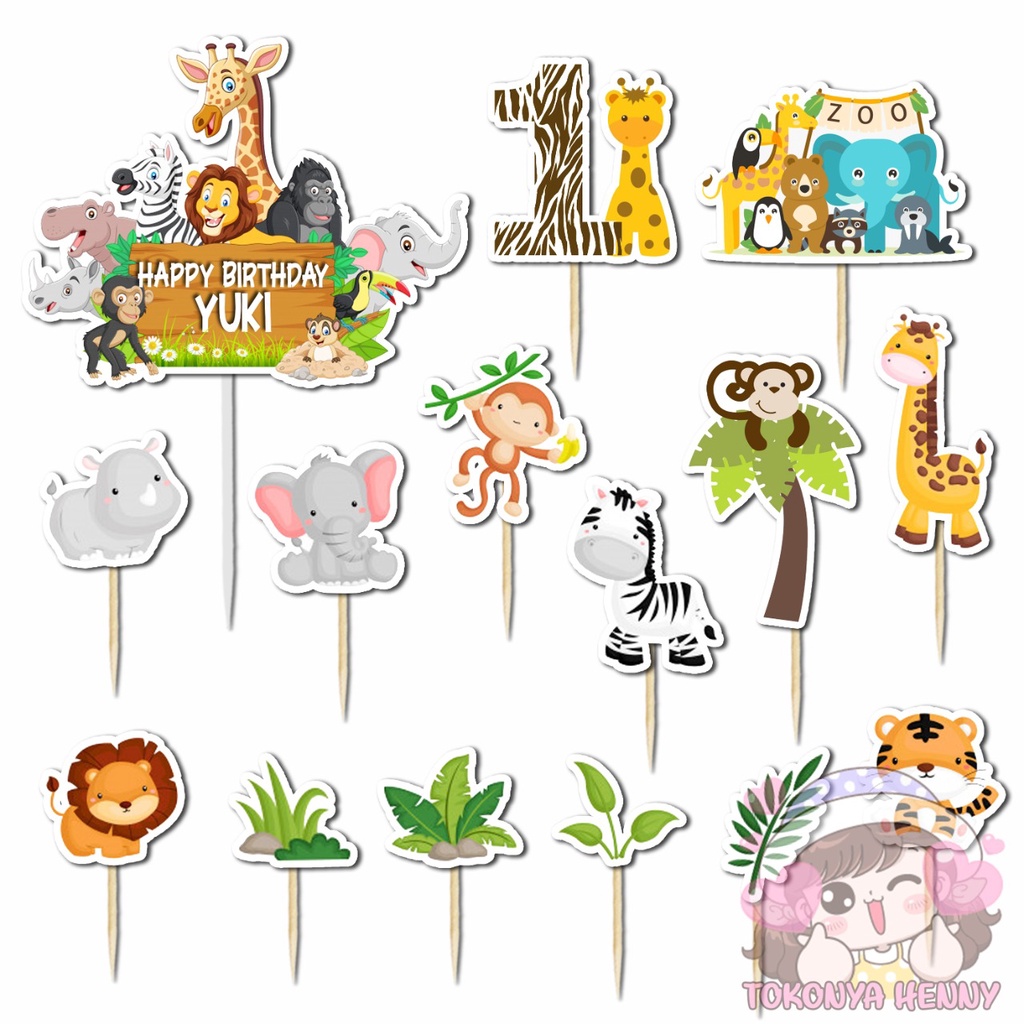 Topper Cake Hiasan Kue Ulang Tahun motif CUSTOM ANIMAL ZOO FREE NAMA + UMUR