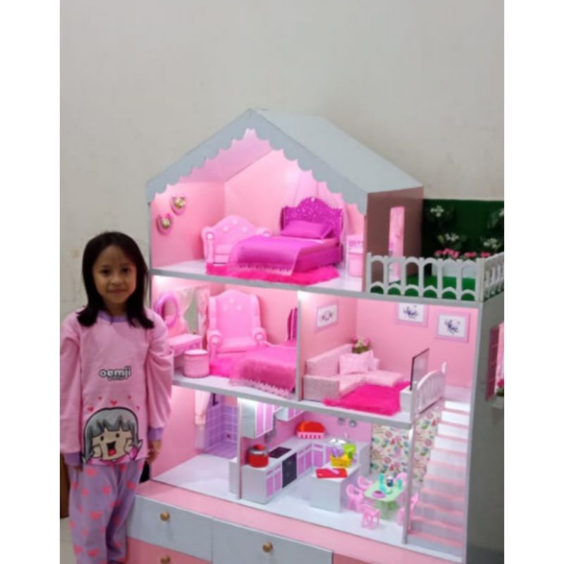rumah boneka barbie besar / jumbo (tanpa laci) dengan lampu - warna pink, ungu, biru