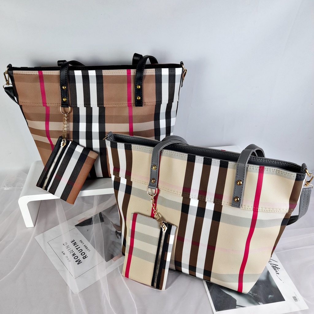 Tas Bahu Selempang Wanita Leather Tote Bag Motif Polos Plaid Kotak Free Pouch KT046 KT071 KT072