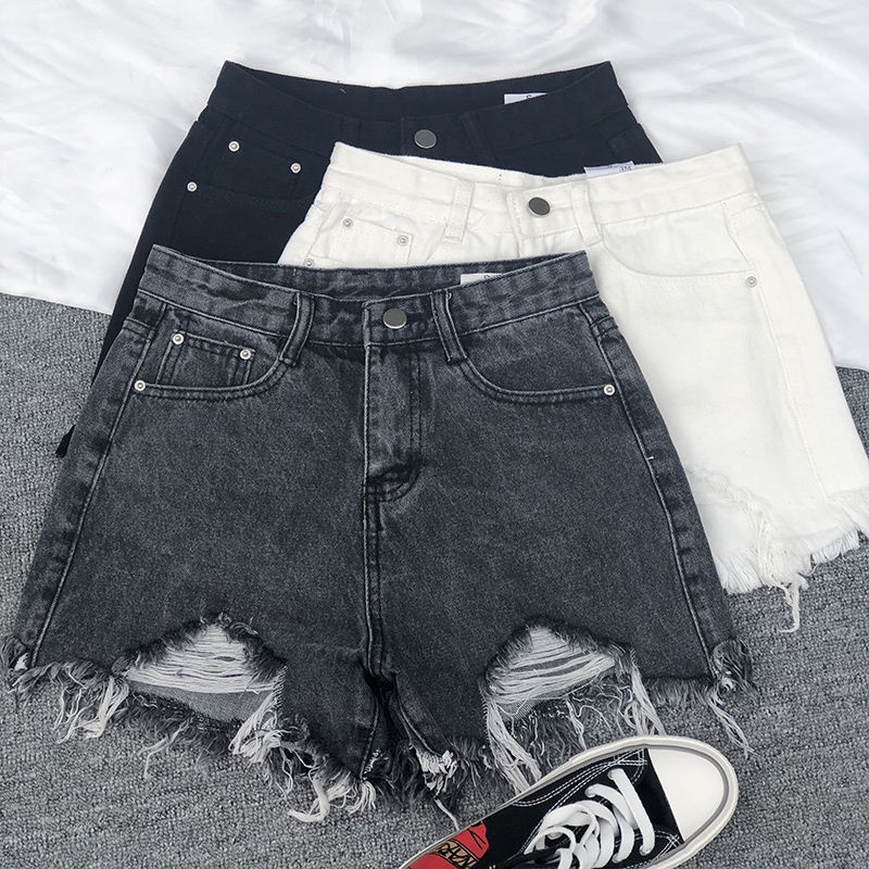 Hot pants celana pendek korean style wanita hitam/putih/biru muda celana sobek cewek ripped denim highwaist pants kekinian short pants ootd celana jeans jumbo