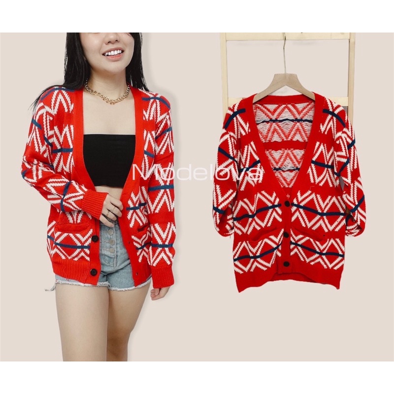 MDLV ~ Outer Olivier Rajut Cardigan Print Red Cardigan Rajut Lengan Panjang Fashion 2