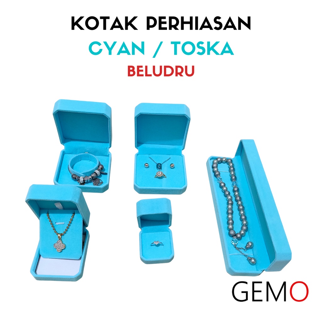 Kotak Perhiasan Warna Toska / Cyan Beludru Set / Cincin / Liontin / Gelang / Kalung Koye / Jewelry Box Unik Lucu untuk Tempat Wadah Seserahan / Akad Pernikahan / Hantaran Tunangan Harga Paling Murah cocok untuk Aksesoris Emas Berlian/ Perak Permata