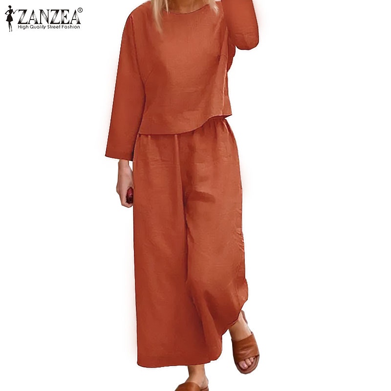 ZANZEA Women Fashion Casual Solid O Neck Full Sleeve Elastic Waist Wide Leg Sets