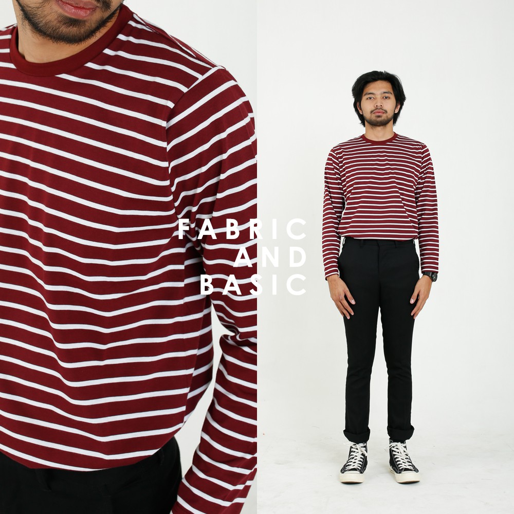 Kaos Garis Lengan Panjang Warna Medium Maroon – Kaos Stripe Kaos Polos Garis - Garis