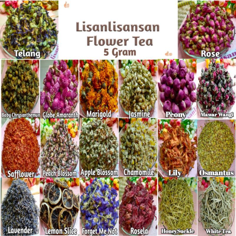 

Lavender | Chrysanthemun | Chamomile | Teh Bunga Telang | Mawar | Melati Flower Tea