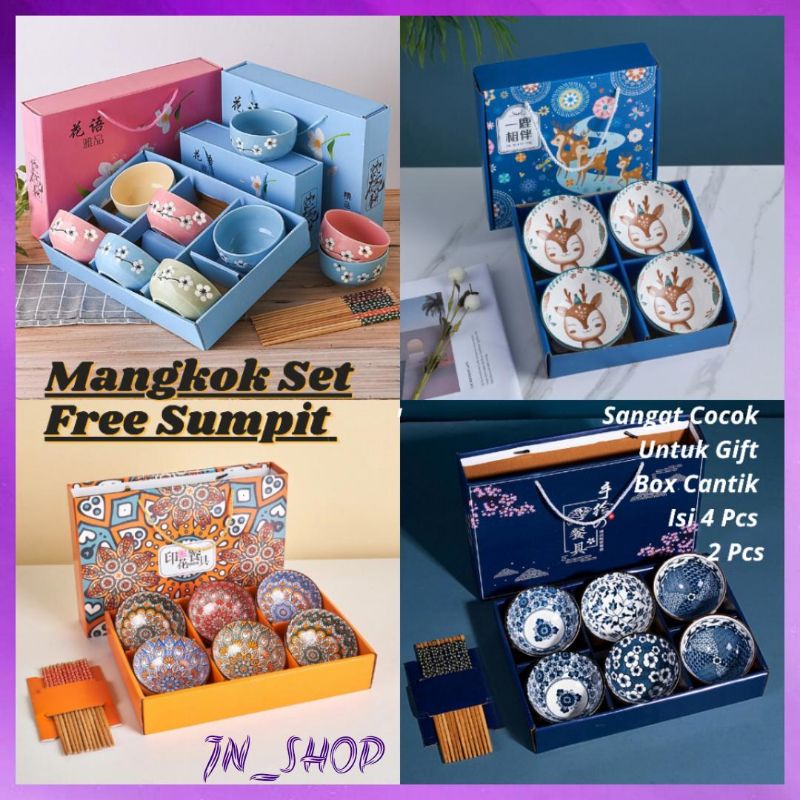 Mangkok Keramik Set Japan Motif Antik  Plus Paper Bag dan Sumpit Souvenir Bowl Gift Batik mangkuk peralatan makan