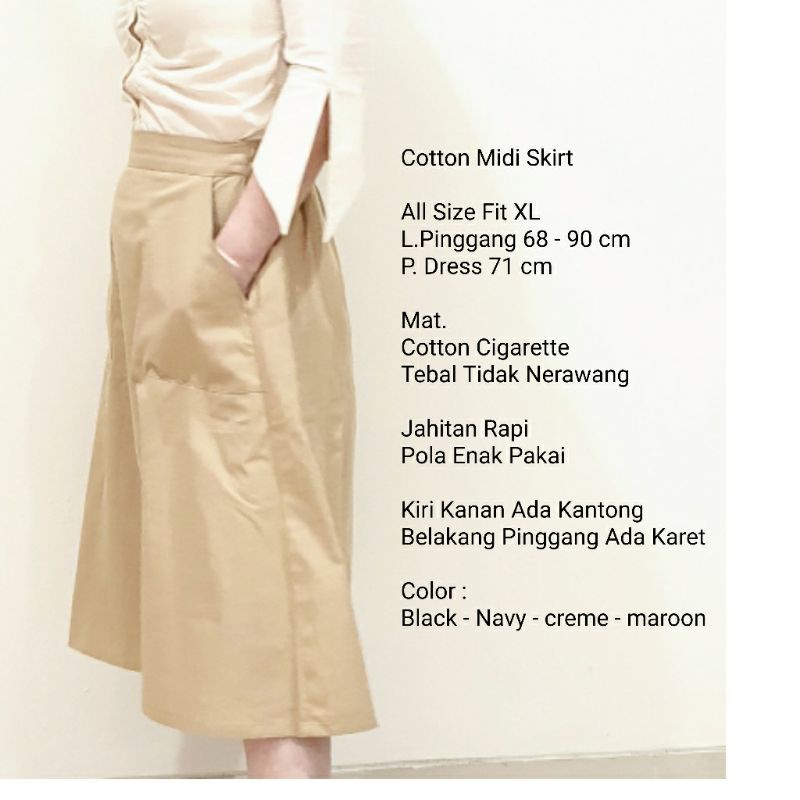 Rok Wanita Midi Skirt Katun Polos Model A Line Panjang 7/8, Alena Skirt#-1