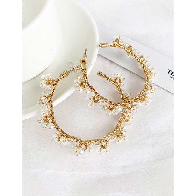 LRC Anting Tusuk Fashion Gold Alloy Artificial pearl C-shaped Earrings  D48844