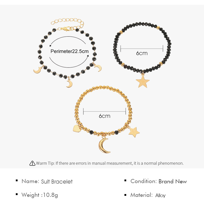 Gelang Bulan Bintang Manik-manik Hitam Gelang Buatan Tangan Fashion Tiga Potong Hadiah Ulang Tahun Sederhana Untuk Teman