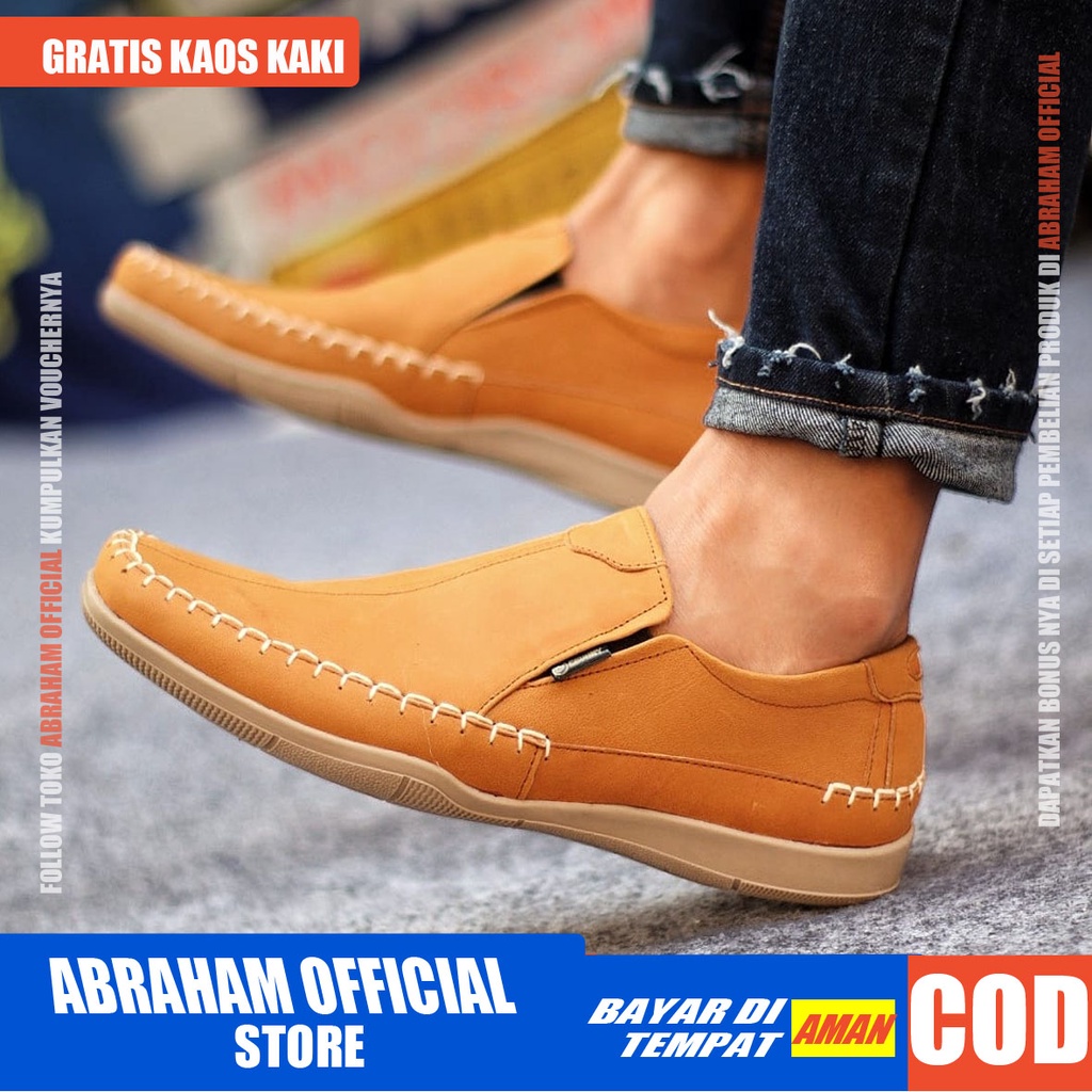 ABRHM X DIVOC Sepatu Slip On Pria Sepatu Casual Kerja Pria Sepatu Pria Cowok/Cowo Kulit Asli Sepatu Kasual Slop Anti Slip Semi Formal Kerja Kuliah Gaya Santai Keren Kekinian Original Murah Terlaris