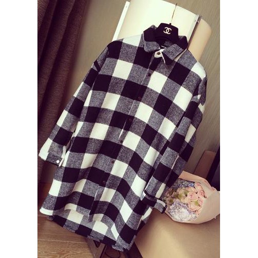 Kemeja Hitam Putih Kotak Style Korea Baju Wanita Motif Unik Artis Best Quality