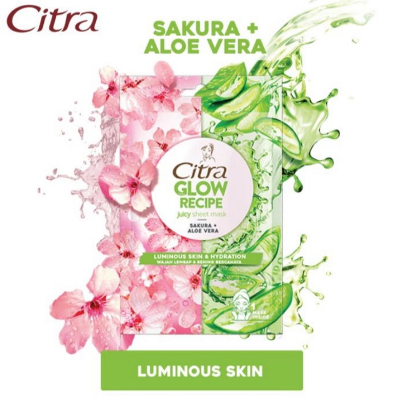 Citra Glow Recipe Juicy Sheet Mask Sakura &amp; Aloe vera 25 Gram Masker bening bercaya