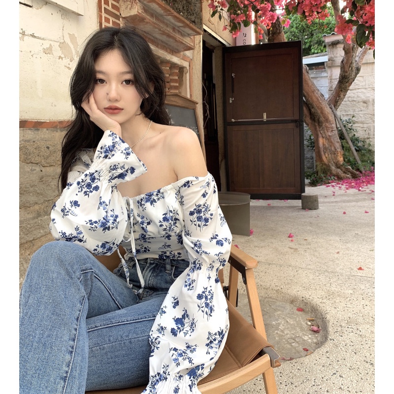 Suhao One Shoulder French Square Neck Floral Shirt Blus Atasan Lengan Panjang