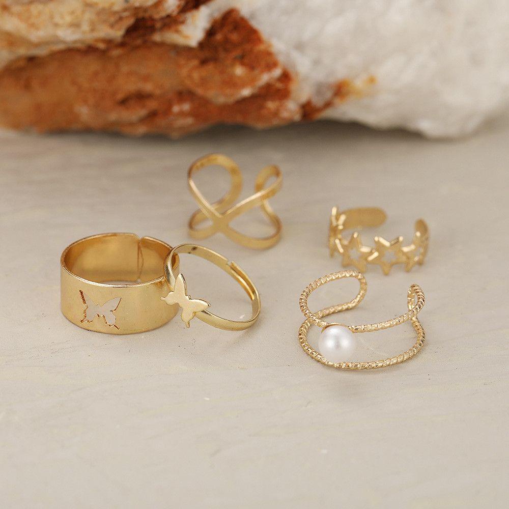 Preva 5pcs/Set Cincin Mutiara Set Wanita Perhiasan Emas Geometris Alloy Butterfly