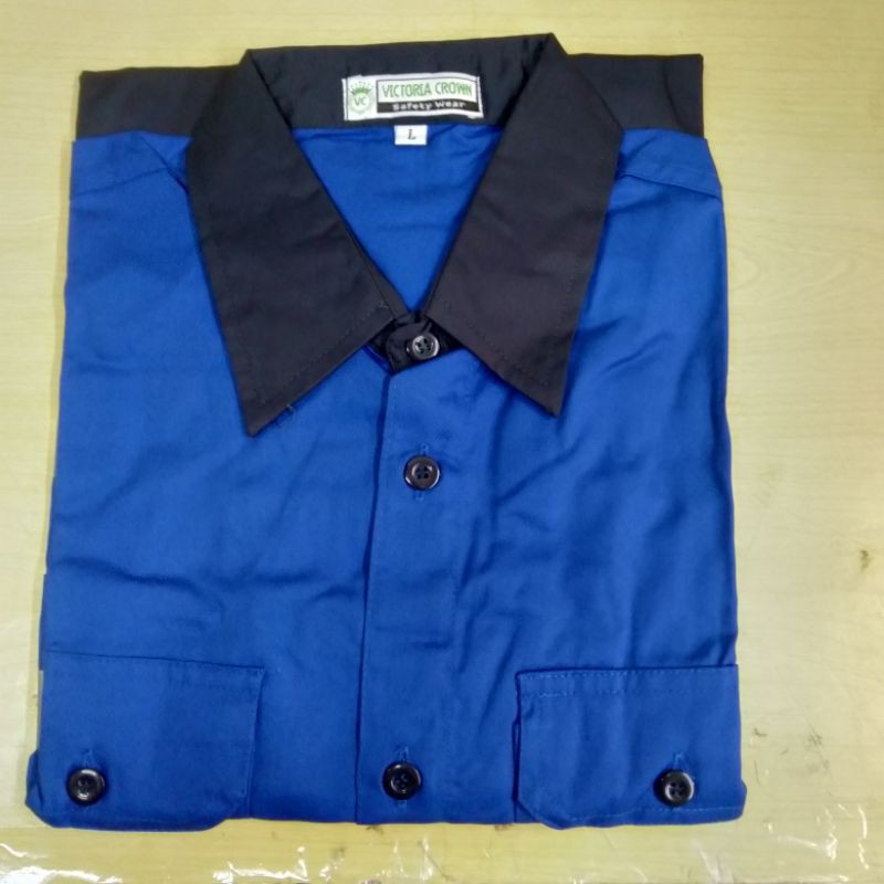 Baju Safety Kombinasi Biru Lengan Panjang / Kemeja Kerja Proyek Atasan Pria Bahan Drill