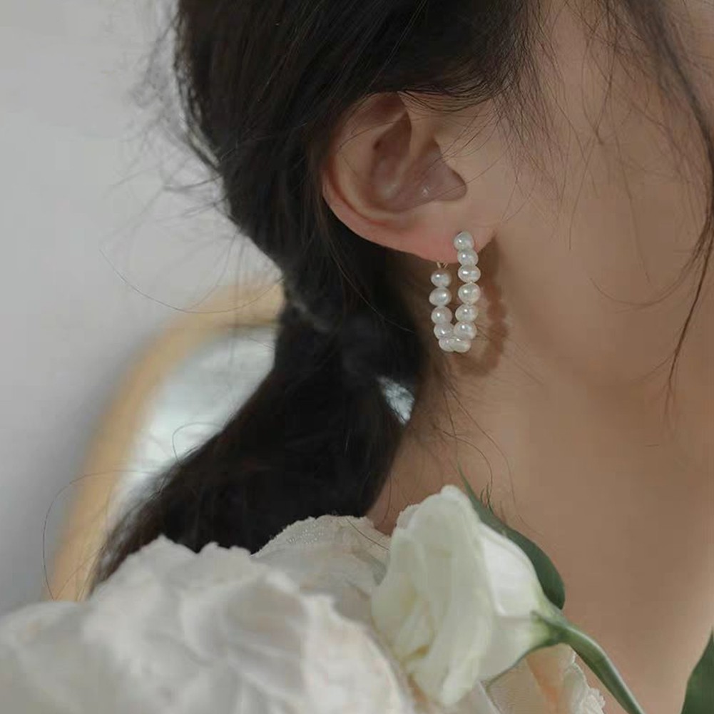 【TK】Women Natural Freshwater Pearl Baroque Circle Hoop Earrings 925 Sterling Silver Fashion Korean Jewelry