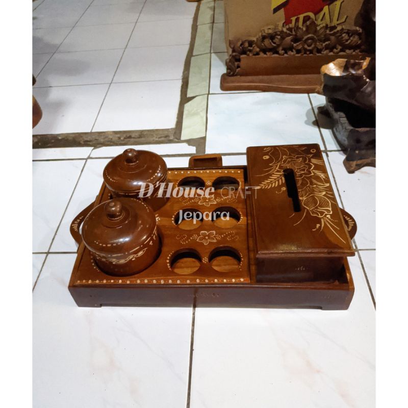 Set Nampan Saji Tempat Aqua Toples Permen Dan Tempat Tissu kayu Jati