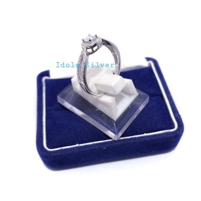 CINCIN PERAK ASLI SILVER WANITA 925 LAPIS EMAS PUTIH MODEL KOTAK 1 PERMATA+SAMPING - PERHIASAN PERAK WANITA ASLI