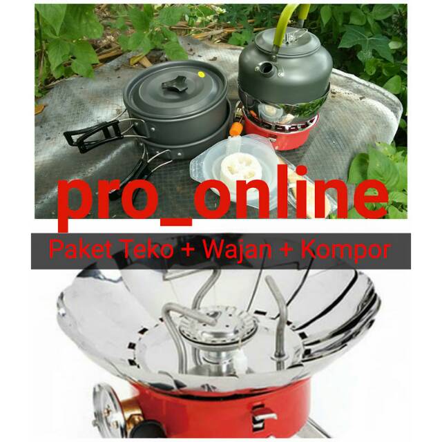 Paket Wajan Teko &amp; Kompor Windproof Kemping Gunung Cooking Set DS308 &amp; Stove K203 Camping Outdoor