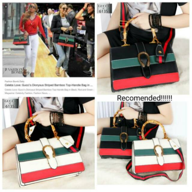 GUCCI'S Dionysus Striped Bamboo Top-Handle Bag like Ori Calfskin LeatherAntiqued golden(6135)