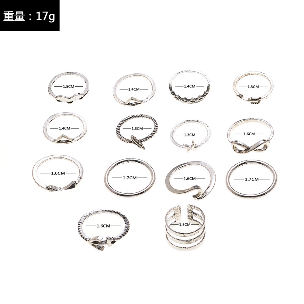 14 pcs Sederhana dan Modis Retro Gaya Bohemian Cincin Perak Antik Set 14-piece Set untuk Wanita