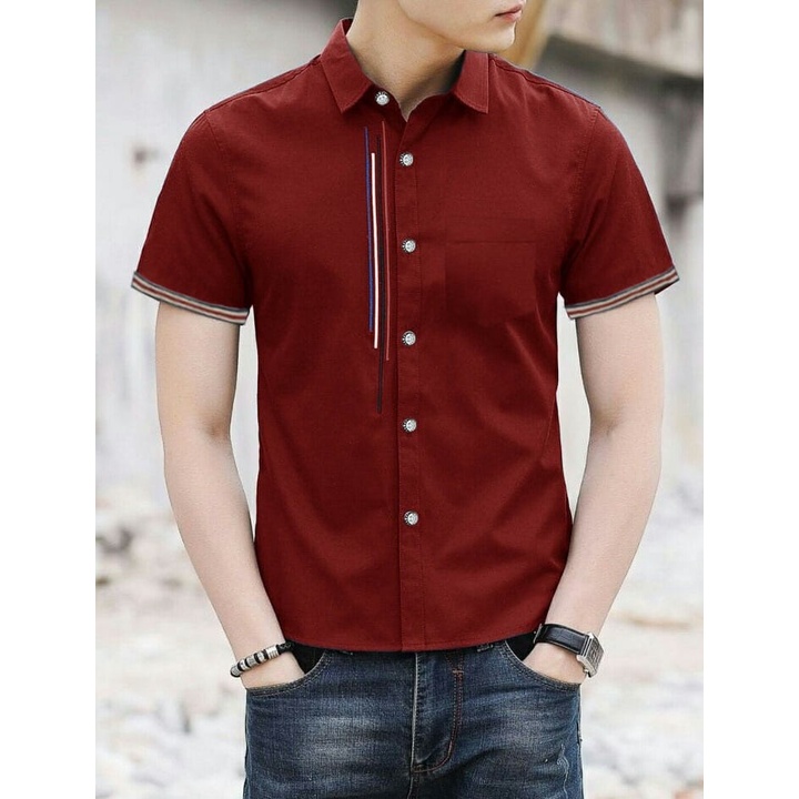 Kemeja polos murah cod premium lengan pendek Cotton N2K6 putih motif Unisex Casual pria hitam Formal