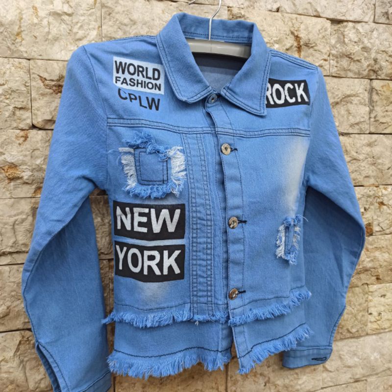 Jaket jeans crop wanita/Jaket jeans crop motif bordir rock new York/Jaket Levis import