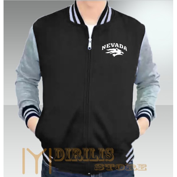 Jaket Varsity Baseball Pria / Wanita Nevada Text Putih /Sweater /Bomber / Hoodie / Jaket