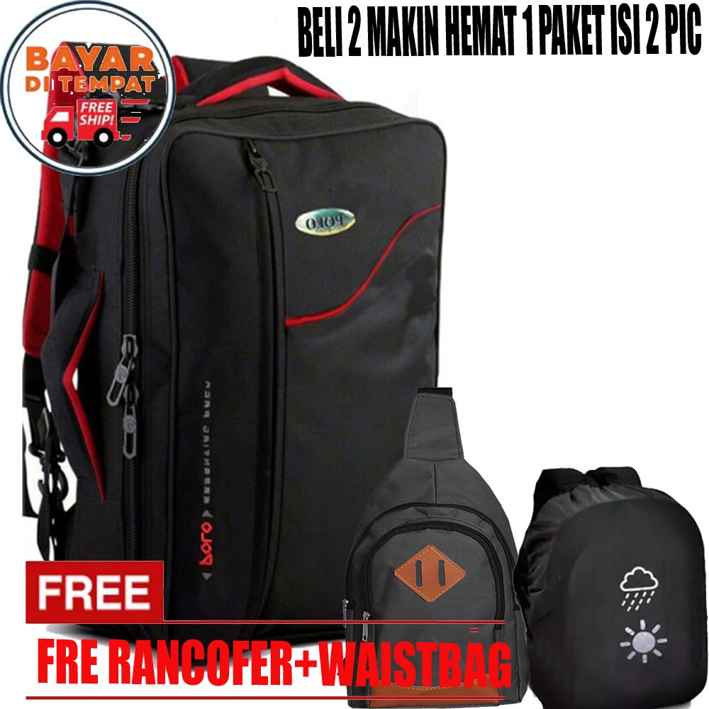 Promo Cuci Gudang  Ransel / Slempang Tas 3in1 Polo Tas MAP HVS  Tas Multifungsi Pria wanita Polo Black Fre Rancofer+Waistbag Black