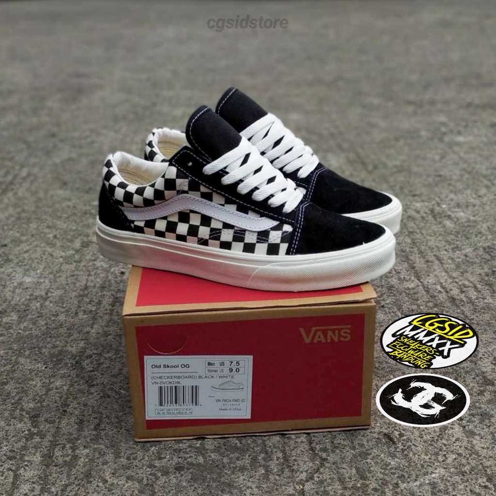 Vans Old Skool Oldskool OG Checkerboard Black White Sepatu Kasual Motif Catur Hitam Putih Premium DT