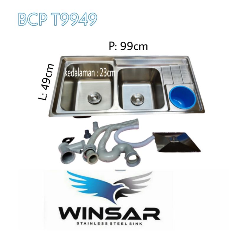kitchen sink/bak cuci piring stainless 2 Lubang, ukuran 99x49cm (winsar T9949). Free Afur/saringan+s