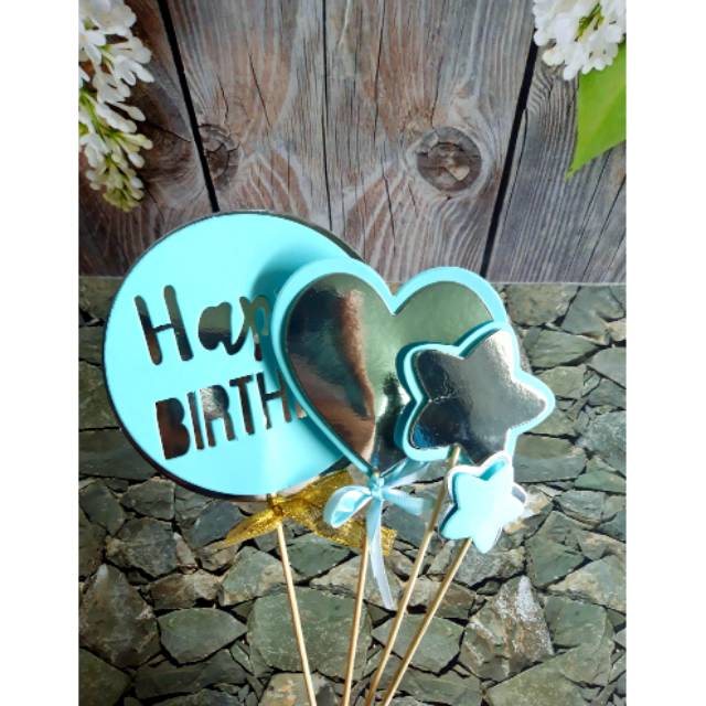 CAKE TOPPER HAPPY BRITHDAY LOVE BLUE ISI 4 MURAH