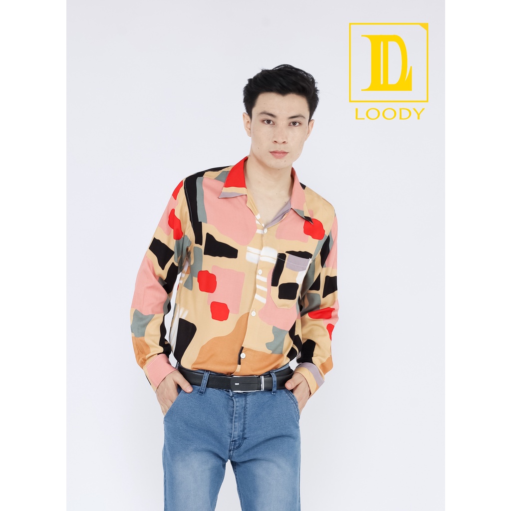 LOODY Kemeja Pria Lengan Panjang Motif Abstrak Kasual Vintage Retro Gaya 90an