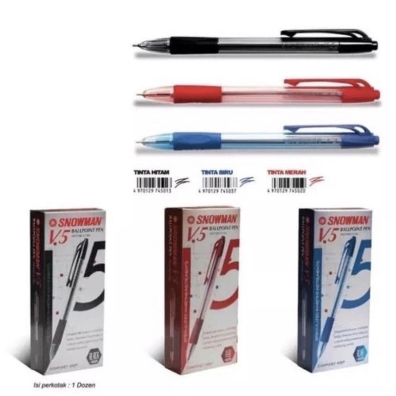 ( La 12 Pc ) SNOWMAN PEN - BALLPOINT ( SEMI GEL ) - PULPEN BP 7 - CABUT /  V5 CETEK - HITAM / BIRU / MERAH - RED BLUE BLACK