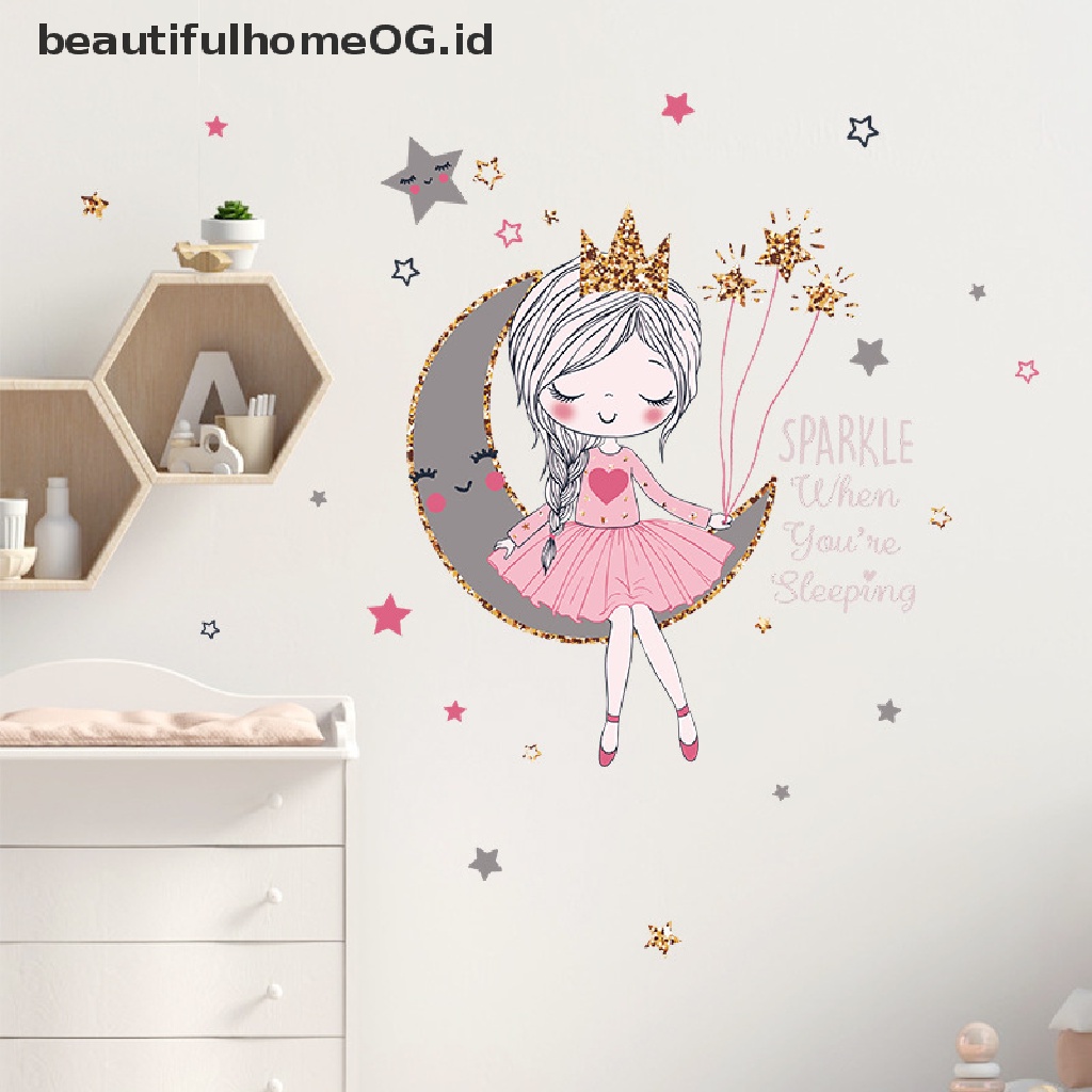 Stiker Dinding Desain Kartun Princess on the moon Untuk Dekorasi Kamar Anak Perempuan