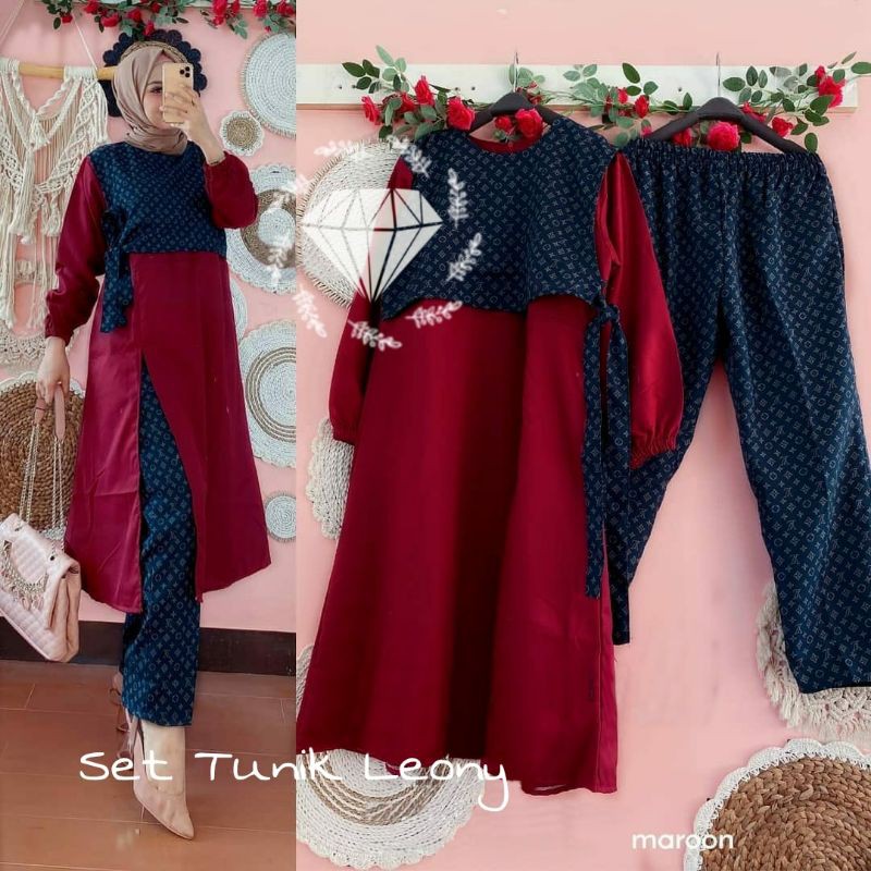 SET TUNIK CELANA LEONY, MOSCREPE, GAMIS HIJAB MUSLIM, SETELAN