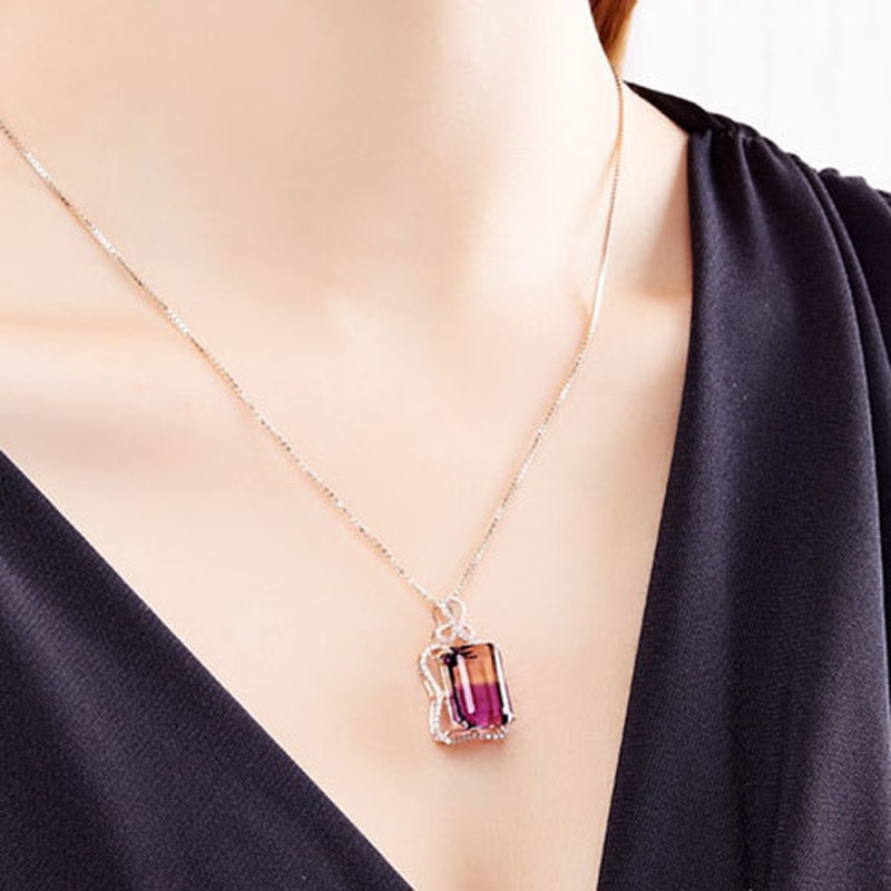 [Ready Stock]Fashion Luxury Inlaid Colored Gemstone Pendant 18K Rose Gold Plated Necklace