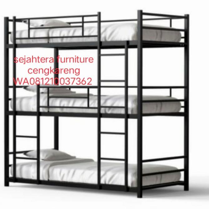 Jual tempat tidur tingkat 3 susun ranjang susun besi bunk bed ranjang