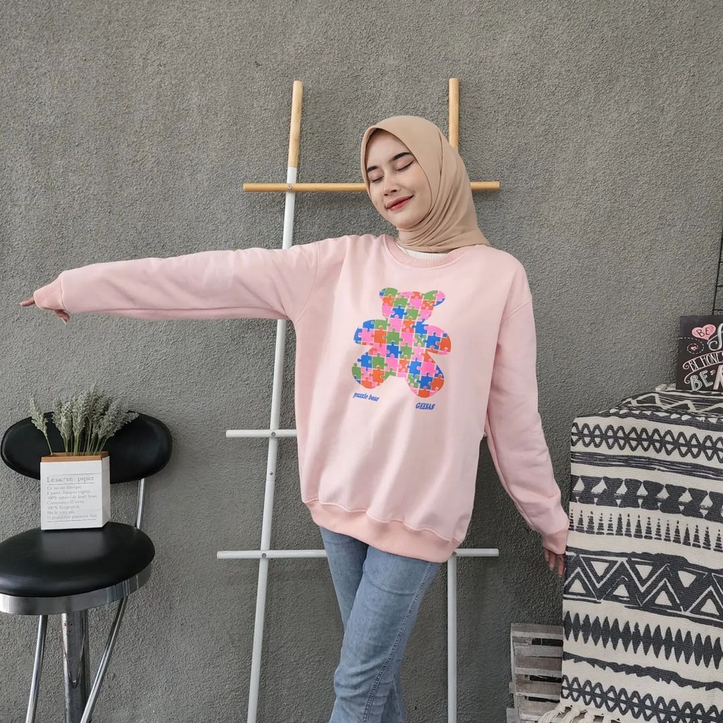 PUZZLE BEAR Crewneck Oblong Sweater Oversize | Outerwear Wanita Fashion Terkini Korean Style