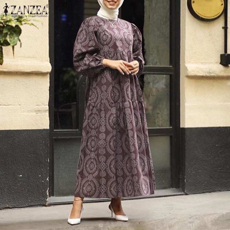 ZANZEA Women Printed Patchwork Puff Sleeve Muslim Long Dress