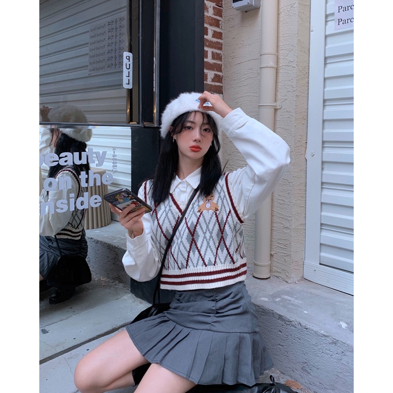 Versi Korea dari rompi rajut v-neck retro baru wanita crop top rompi rajut korea jaket korean style