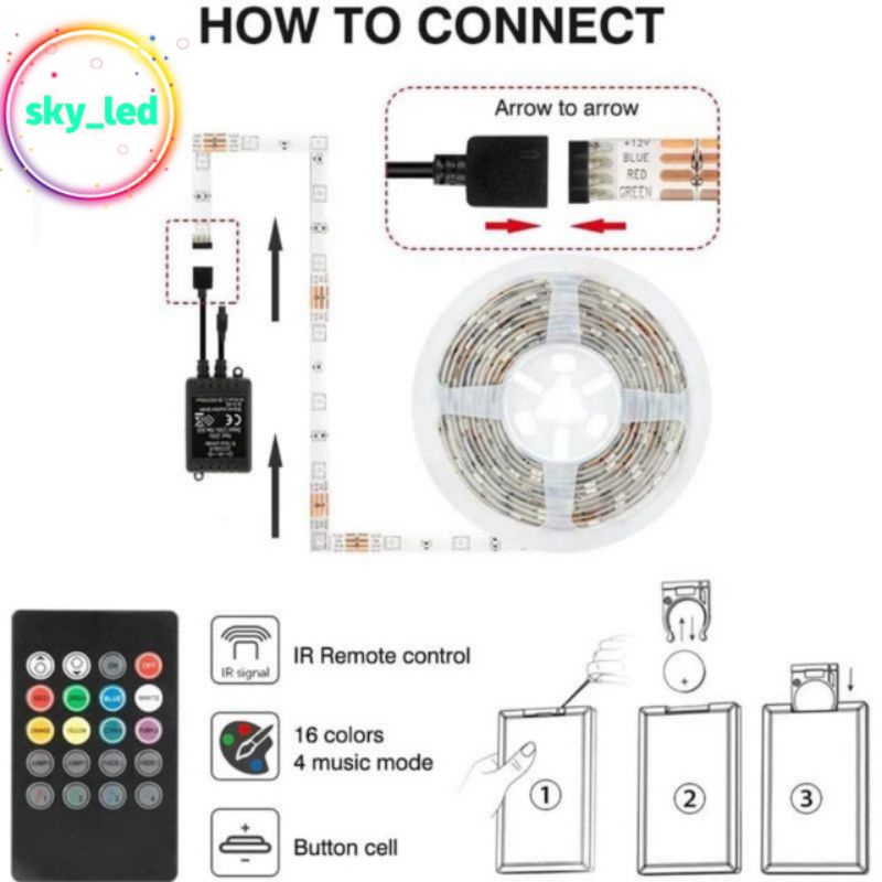 LAMPU LED  STRIP 5050 10m RGB REMOT SENSOR MUSIC  IP68 10M AC 220V + ADAPTOR + REMOTE 5050 (LAMPU TIKTOK)