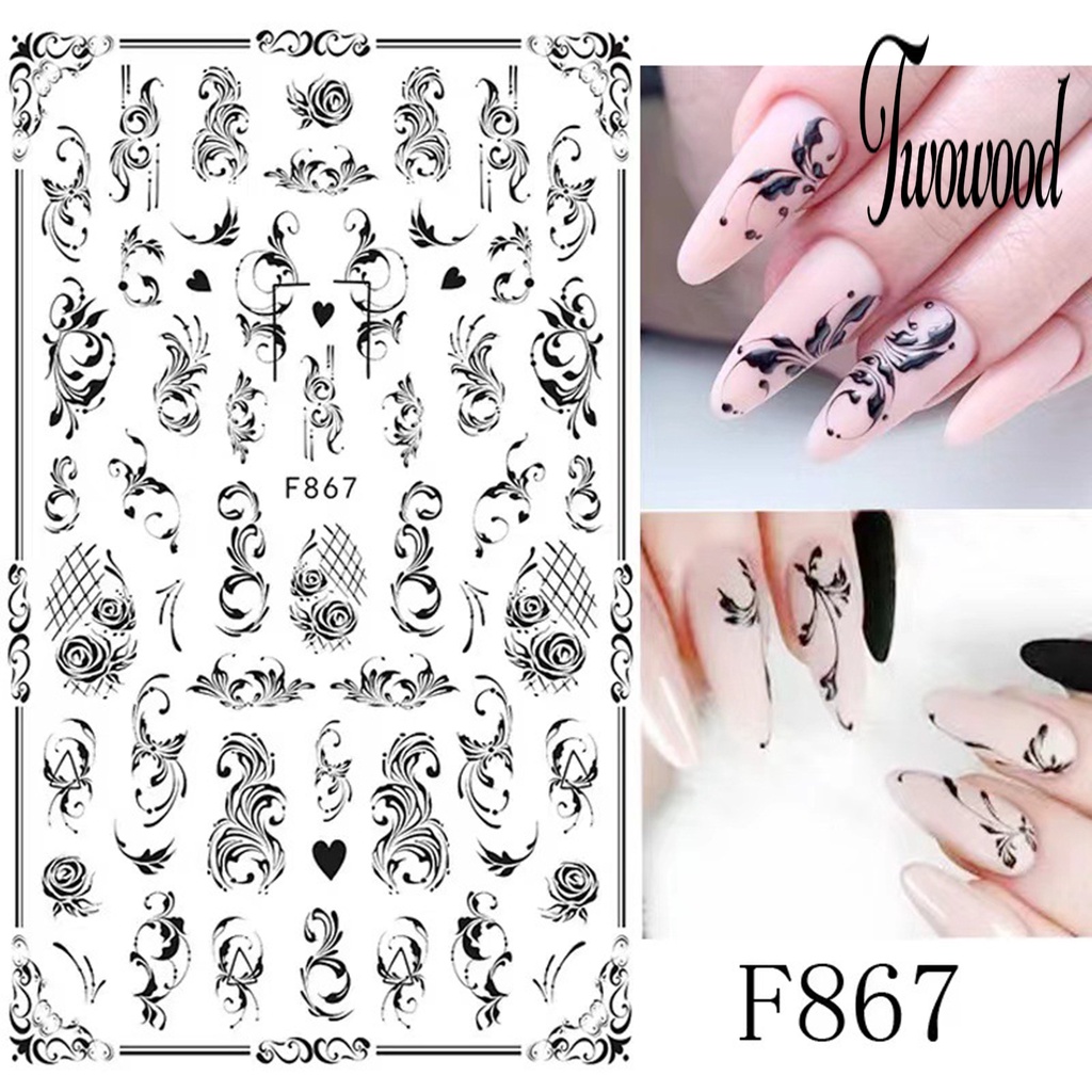 Twowood Stiker Kuku Motif Bunga / Kupu-Kupu Hitam Putih Untuk Nail Art / Manicure DIY Butterfly
