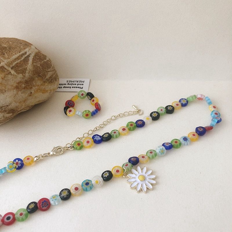 Color Beaded Necklace, Small Daisy Pendant, Clavicle Chain, Korean Temperament, Simple