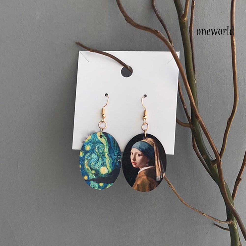 OW@ Women Oval Enamel Niche Oil Painting Asymmetrical Wooden Pendant Hook Earrings