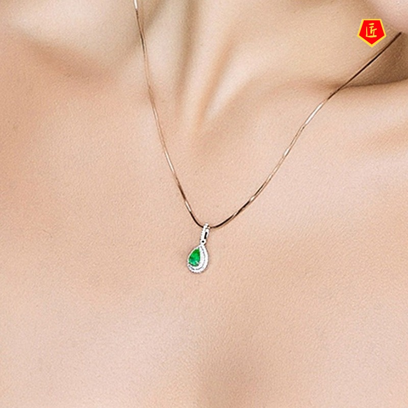 [Ready Stock]Pear-Shaped Emerald Colored Gems Pendant European and American Luxury