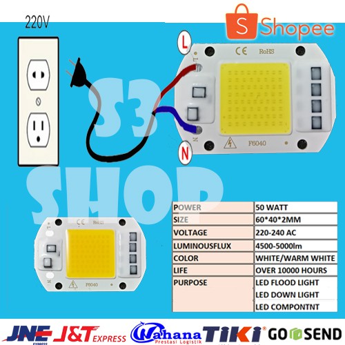 Promo LED 50W White Dan Warm White Input AC 220V High Power HPL Putih Driverless LAMPU JALAN LAMPU